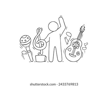 Mexican music doodle icon with guitar, maracas and man. Sketch of spanish party, concert or fiesta with music instruments. Cute doodle man with guitar and maracas, vector hand drawn illustration