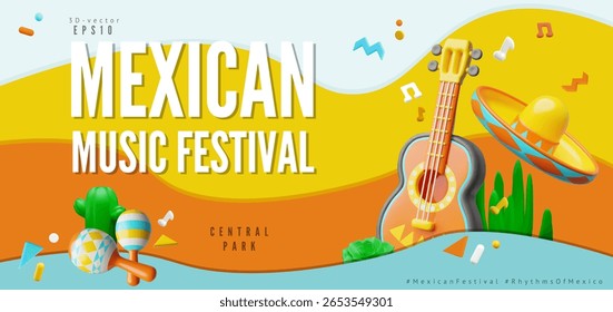Design vetorial de banner estilo plástico 3d do festival de música mexicana. Guitarra acústica, maracas e chapéu Sombrero. Instrumento musical realista. Cultura latina renderizar ilustração. Desenho animado shaker rumba hispânico