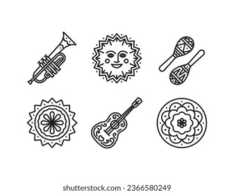 Mexikanische Musikinstrumente - Gitarre, Trompete, Maracas. Traditionelle Dekorationselemente - Sonnenstar, Blume. Zeilensymbol eingestellt. Lineare Illustrationen. Modernes Symbol, bearbeitbarer Strich