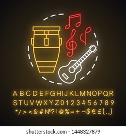 Mexican music neon light concept icon. Acoustic sound party. Folk band instruments. Drum, guitar, musical symbols idea. Glowing sign with alphabet, numbers and symbols. Vector isolated illustration