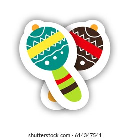 Mexican musical instrument. Hand drawn design stickers maracas. Vector illustration isolated on white background for holiday Cinco de Mayo.