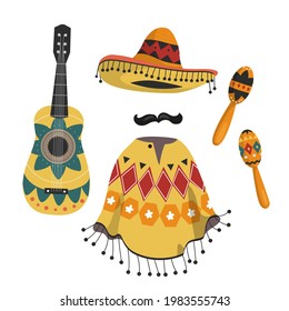 Mexican musical instruments, national poncho and hat. National color attributes with different patterns. Isolated design elements on a white background. EPS10