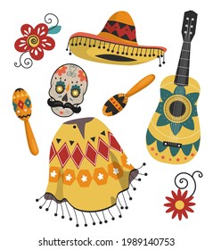 Mexican musical instruments, national poncho, skull and hat. National color paraphernalia with various patterns and colors. Isolated design elements on a white background. EPS10