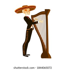 Mexican musician mariachi skeleton in sombrero playing a harp. Day of the dead Dia de los Muertos and Halloween cute and funny illustration isolated on white background. Vector eps10