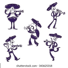 Mexican musician mariachis in traditional dark clothes and sombreros playing on typical musical instrument like guitar, viola, tube. in line simple style. vector