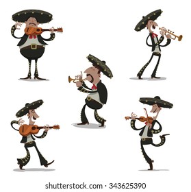 Mexican musician mariachis in traditional dark clothes and sombreros playing on typical musical instrument like guitar, viola, tube. vector