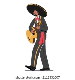 Mexican Musician Perform on Carnival Playing Guitar at Cinco De Mayo Festival. Mariachi Music Player Male Character Sing, Isolated Man in Sombrero Hat and Costume. Cartoon People Vector Illustration