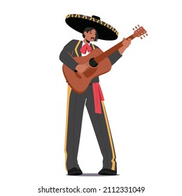 Mexikanischer Musiker Gitarre spielen beim Cinco De Mayo Festival. Mariachi Music Player Charakter, Isolated Man in Sombrero Hut und Tracht, Musiker Perform auf Karneval. Vektorgrafik von Cartoon People