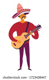 Mexikanischer Musiker spielt Gitarre, Vektorgrafik. Zeichnen Cartoon Mann mit mexikanischen traditionellen Hut sombrero. Farbige Zeichnungen, mexicanische Mannisolierung auf weißem Hintergrund