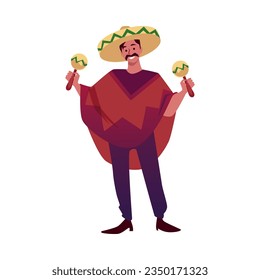 Mexican musician playing maracas at cinco de mayo festival. Music band cartoon vector characters. Whiskered Mexican man in sombrero hat and poncho isolated on white background