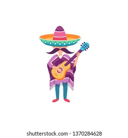 Mexican musician playing on guitar in sombrero and poncho. Mexican guy with mastaches in national costume isolated on white background.