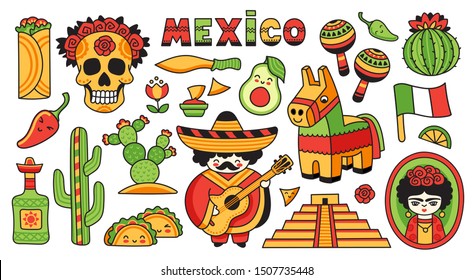 	
Mexican musician playing on guitar in sombrero and poncho, cactus, pinata, marcases, scull. Set of cartoon stickers, patches, badges, pins. Vector illustration.