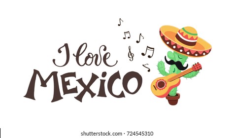 Mexican musician playing on guitar in sombrero and poncho. Mexican guy with mastaches in national costume isolated on white background.