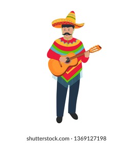 Mexican musician in poncho and sombrero playing guitar. Cinco de Mayo. 5th of May.