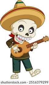 Mexican musician skeleton playing guitar of illustration