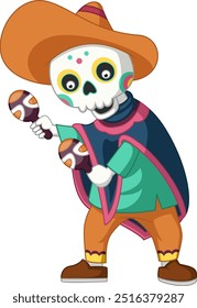 Músico mexicano esqueleto tocando maracas de ilustração