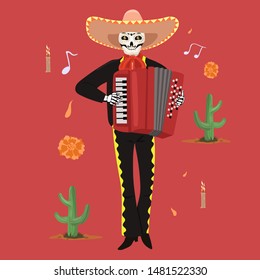 Mexican musician skeleton plays the accordion. Vector graphics.