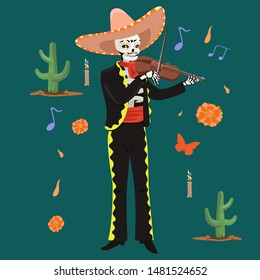 Mexican musician skeleton plays the violin. Vector graphics.