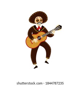 El esqueleto del músico mexicano con sombrero bailando y tocando una guitarra. Miembro de la banda Mariachi con el cráneo trenzado.  Día de Muertos de Muertos y Halloween linda y graciosa ilustración. Vector eps10.