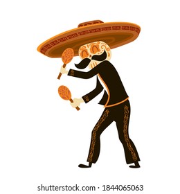 Mexican musician skeleton in sombrero playing maracas. Mariachi with shakers. Day of the dead Dia de los Muertos and Halloween cute and funny illustration isolated on white background. Vector eps10