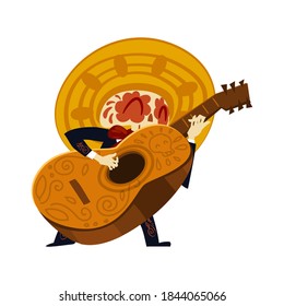 mexikanische Musiker Skelett in sombrero spielen eine große Gitarre. Mariachi mit Gitarre. Tag der toten Dia de los Muertos und Halloween süße Illustration einzeln auf weißem Hintergrund. Vektor eps10.