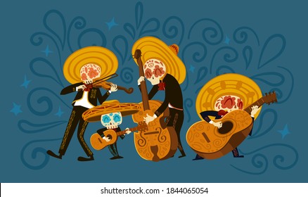 Mexican musician skeletons playing musical instruments. Mariachi band characters with guitar, violin, double bass and guitarron. Day of the dead Dia de Muertos and Halloween vector illustration.