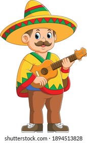 The  mexican musician with the sombrero hat is holding the guitar of illustration