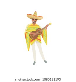 Mexican musician in traditional national clothes with guitar vector Illustration on a white background