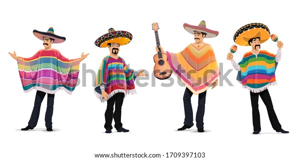 Mexican musicians at cinco de mayo festival.\
Mariachi music band isolated cartoon vector characters playing\
guitar and maracas. Mexican men in sombrero hat and poncho, cinco\
de mayo carnival\
musicians
