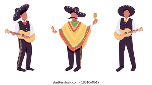 Mexican musicians flat color vector faceless character set. Hispanic guitarist. Traditional latin music band isolated cartoon illustration for web graphic design and animation collection