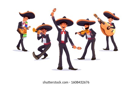 Músicos mexicanos marachi vectorial, con guitarra y maracas, trompeta y violín. Banda musical con sombrero mexicano. Cantante Mariachi. Músicos de carnaval mexicanos. Banda Mariachi.