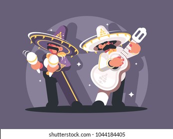 Mexican musicians in sombrero play guitar and maracas. Vector illustration