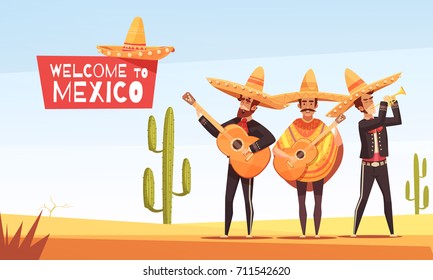 Mexican musicians vector illustration with three men with guitars in native clothes and sombrero flat vector illustration