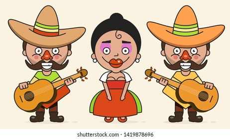 Mexican Musicians Vector Illustration With Two Men And A Woman With Guitars In Native Clothes And Sombrero Flat Vector Illustration