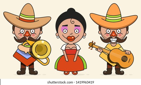 Mexican Musicians Vector Illustration With Two Men And A Woman  Native Clothes And Sombrero Flat Vector Illustration
