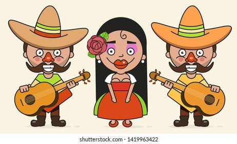 Mexican Musicians Vector Illustration With Two Men And A Woman  Native Clothes And Sombrero Flat Vector Illustration