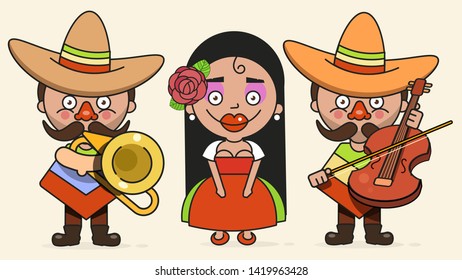 Mexican Musicians Vector Illustration With Two Men And A Woman  Native Clothes And Sombrero Flat Vector Illustration