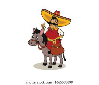 Mexican mustache man riding a donkey trading stuff to market