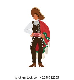 Mexican mustache man in sombrero and traditional national costume. Male mexico character - dancer or musician. Flat cartoon vector illustration isolated on white.