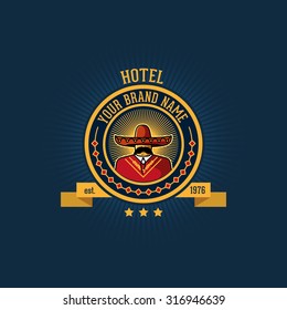 Mexican with a mustache in a red sombrero and a red poncho with the rays of the sun. Logo for a hotel in hipster style