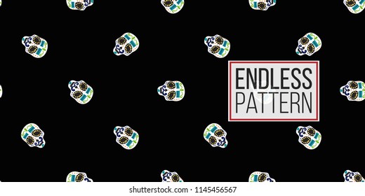 Mexican mustache skull seamless pattern. Traditional elements on dark repeatable background. Watercolor style illustration on black backdrop.