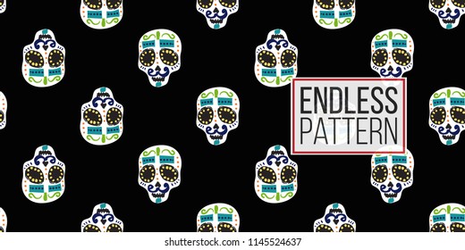Mexican mustache skull seamless pattern. Traditional elements on dark repeatable background. Watercolor style illustration on black backdrop.