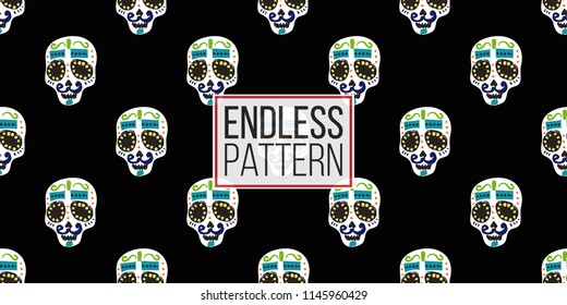 Mexican mustache skull seamless pattern. Traditional elements on dark repeatable background. Watercolor style illustration on black backdrop.