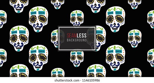 Mexican mustache skull seamless pattern. Traditional elements on dark repeatable background. Watercolor style illustration on black backdrop.