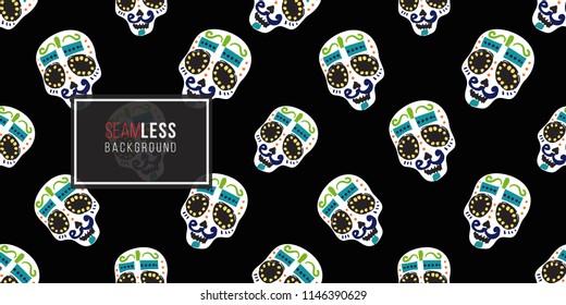 Mexican mustache skull seamless pattern. Traditional elements on dark repeatable background. Watercolor style illustration on black backdrop.