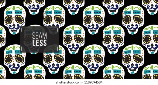 Mexican mustache skull seamless pattern. Traditional elements on dark repeatable background. Watercolor style illustration on black backdrop.