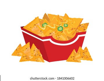 Mexican Nacho Chips In A Box Icon Vector. Mexican Nachos Corn Tortilla With Cheese And Peppers Icon Vector. Nacho Chips In A Box Icon Isolated On A White Background