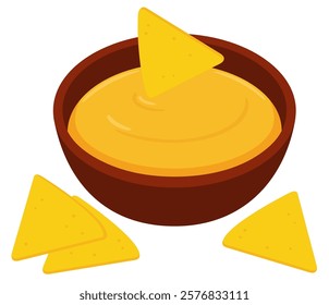 Mexican nacho corn chips with cheese dipping sauce, cartoon drawing. Isolated vector clip art illustration.