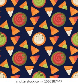 Mexican nacho seamless pattern. Traditional snack with sauce in a flat style. Mexico delicious meal.