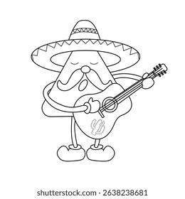 Mexican Nacho in sombrero with guitar is singing. Outline illustration.